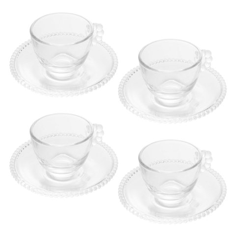 Cj 4 Xícaras P/Café C/Pires Cristal Pearl Bolinha Transparente 80ml Wolff