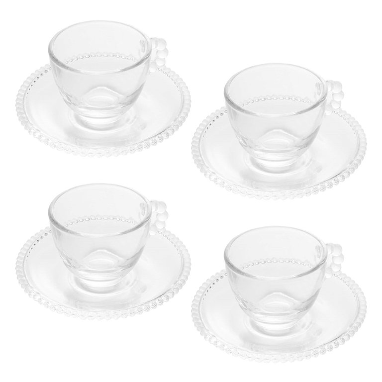 Cj 4 Xícaras P/Café C/Pires Cristal Pearl Bolinha Transparente 80ml Wolff