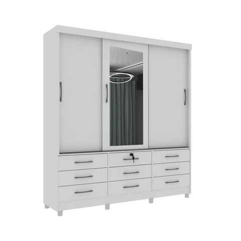 Guarda Roupa Chicago 3 Portas 9 Gavetas Com Espelho e Pés Tcil:Branco