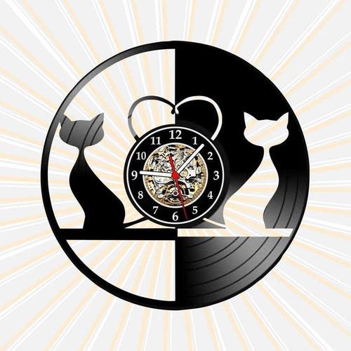 Relógio Parede Gatos Cats Namorados Pet Casal Vinil Lp Retrô - 1