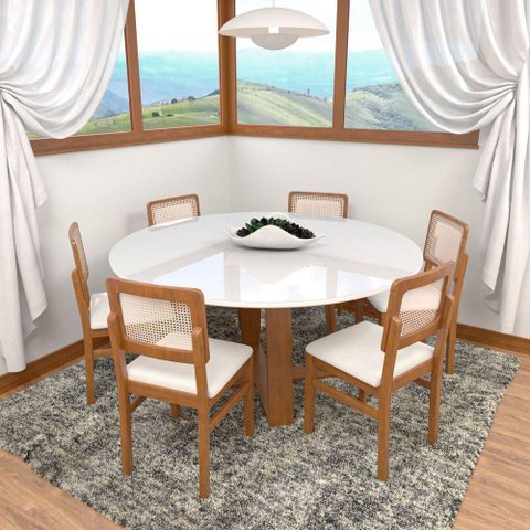 Conjunto de Mesa Madri 6 Lugares Tampo em MDF Vidro 150cm