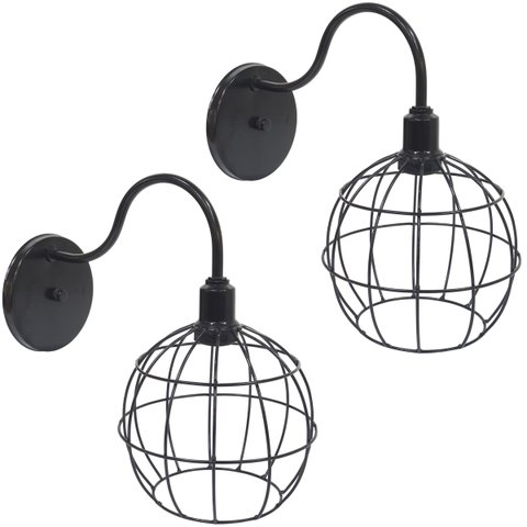 2 Luminárias Arandela de Parede Aramada Globo Industrial Retro Preta Agp Ilumini Vintage