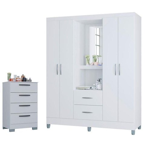 Cômoda 867 4 Gavetas com Guarda Roupa Solteiro Córdoba 4 Portas Branco Brilho - Poquema