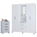 Ver imagem 1 de Cômoda 867 4 Gavetas com Guarda Roupa Solteiro Córdoba 4 Portas Branco Brilho - Poquema