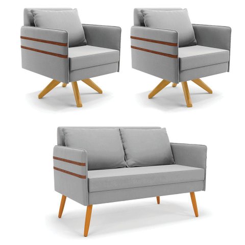 Kit 01 Namoradeira 02 Lugares e 02 Poltronas Mari Suede Cinza Base de Madeira Ma30 - D'Rossi
