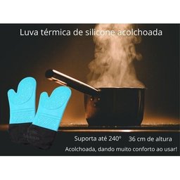 Par de Luva Termica Cozinha De Silicone Revestida Tecido Longa Vermelha - Azul-celeste - 4