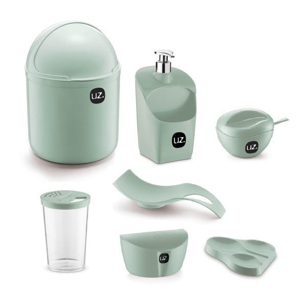 Jogo de Utensílios Para Cozinha 7 peças Com Porta Detergente Saleiro e Lixeira de Pia UZ Verde - 1