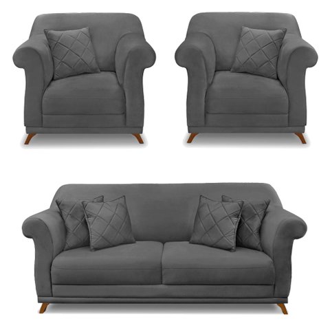 Kit 2 Poltronas e Sofá Living 2 Lugares 1,80m Vênus Suede Pés Castanho - Pallazio - Cinza