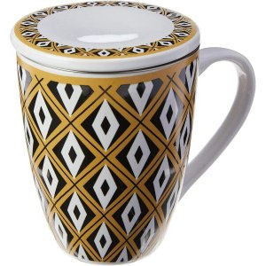 Caneca de Porcelana Super White com Tampa e Filtro Tebas Preto/Dourado 310Ml com Caixa de Presente