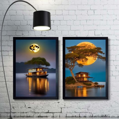 Kit 2 Quadros Paisagens Lua Rio com Barcos 33x24cm - com Vidro:moldura Preta