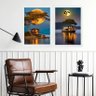 Kit 2 Quadros Paisagens Lua Rio com Barcos 33x24cm - com Vidro:moldura Preta - 2