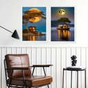Ver imagem 2 de Kit 2 Quadros Paisagens Lua Rio com Barcos 33x24cm - com Vidro:moldura Preta
