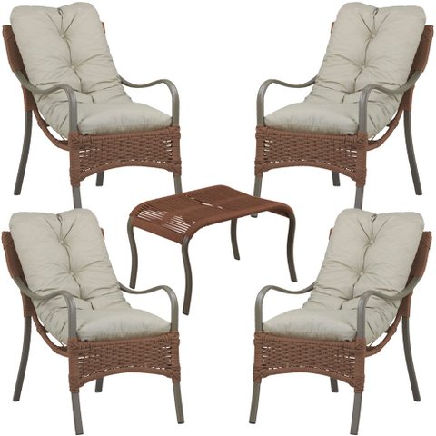 4 Poltronas Almofadadas e Mesa Guanabara Alumínio Jardim Varanda Área Trama Original