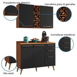 Armário de Cozinha 4 Portas 3 Gavetas com Adega 1,20m Favorita Natura / Preto - 4 Armário de Cozinha 4 Portas 3 Gavetas com Adega 1,20m Favorita Natura / Preto - 4