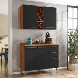 Armário de Cozinha 4 Portas 3 Gavetas com Adega 1,20m Favorita Natura / Preto - 5 Armário de Cozinha 4 Portas 3 Gavetas com Adega 1,20m Favorita Natura / Preto - 5