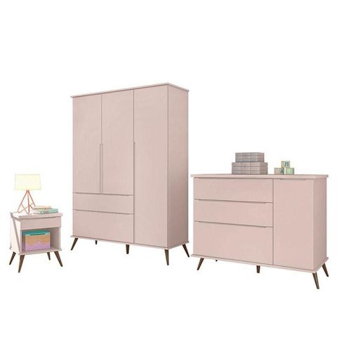 Jogo de Quarto Infantil Melinda Guarda Roupa Cômoda Mesinha 3 Portas 2 Gavetas MDF Rosê Phoenix