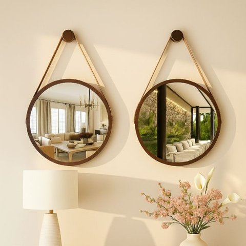 Kit 2 Espelhos Redondo Adnet Decorativo Suspenso com Alça 30cm + Suporte Marrom com Alça Caramelo