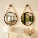 Ver imagem 1 de Kit 2 Espelhos Redondo Adnet Decorativo Suspenso com Alça 30cm + Suporte Marrom com Alça Caramelo