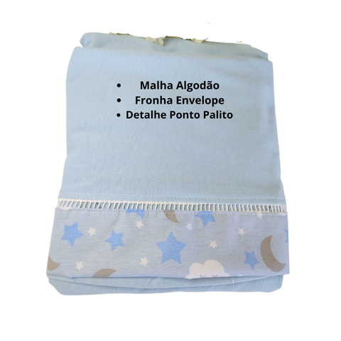 Jogo de Lençol 2 Pçs Simples com Elástico Berço Americano Céu Malha com Ponto Palito e Barrado: Azul