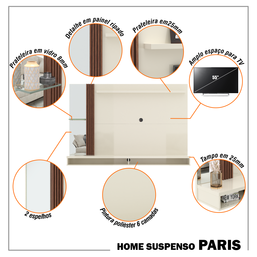 Painel Home Paris para Tv até 55 Polegadas Ripado com Espelho - 9