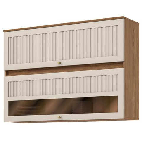 Armário Aéreo 2 Portas Basculantes Ripado com Vidro 120 Cm Requinte Nature Areia Hp – Henn