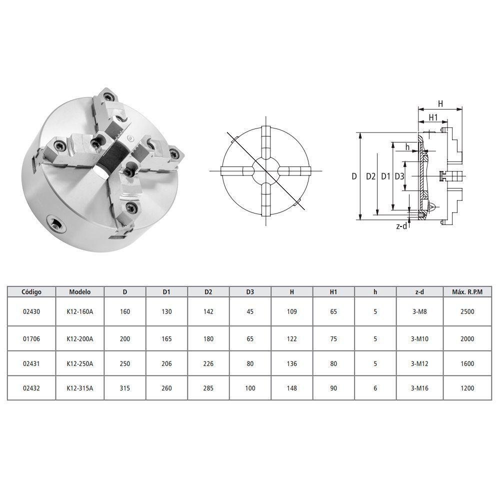 Placa P- Torno 250mm-10 4 Castanhas Reversível + Flange 250mm - 4