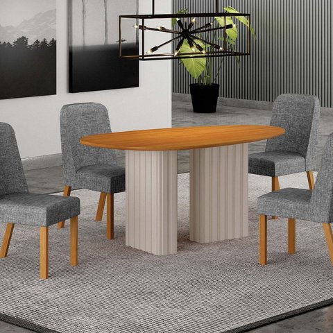 Conjunto Sala de Jantar 4 Cadeiras Isis Tampo Orgânico MDF 135cm Marrom/Off White/Cinza