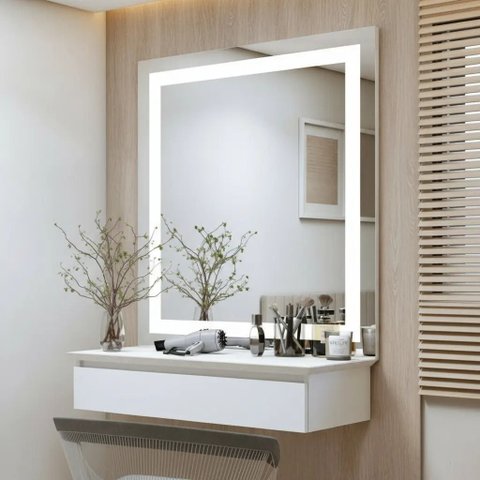 Espelho Led Neutro 80x50 Botão Touch Horizontal Toalete Banheiro Luz Frontal