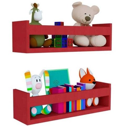 Combo 2 Prateleira Infantil 50cm Vermelho para Livro Revista Decorativo Mdf