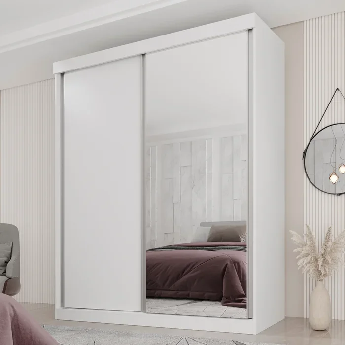 Guarda Roupa Solteiro Búzios 2 Portas de Correr 1 Porta Espelhada 3 Gavetas 100% Mdf:neve