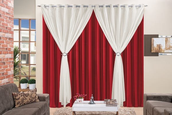 Cortina Vermelho com Palha 2,00m x 1,70m Tecido Microfibra com Voal - Jéssica - 1