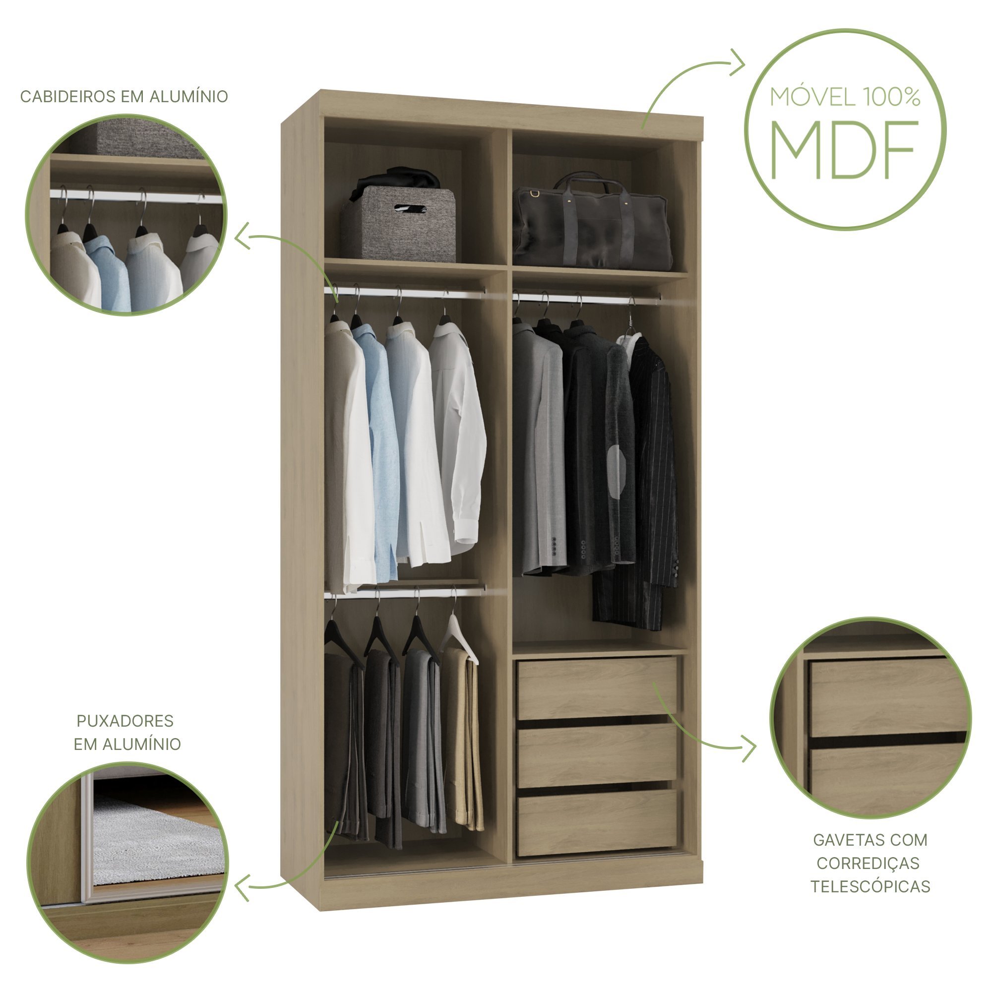 Guarda Roupas Modulado Solteiro com Espelho 120cm 2 Portas de Correr 100% MDF Royal - 7