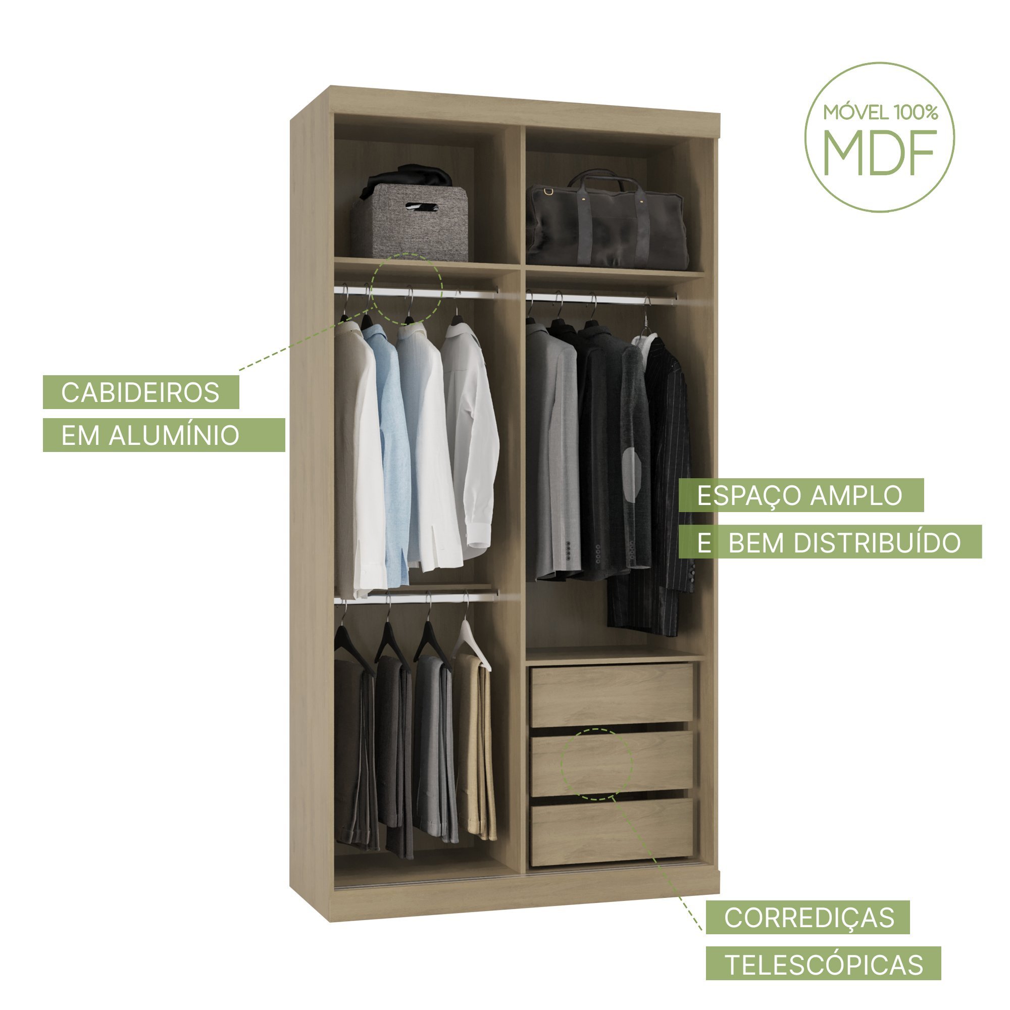 Guarda Roupas Modulado Solteiro com Espelho 120cm 2 Portas de Correr 100% MDF Royal - 6