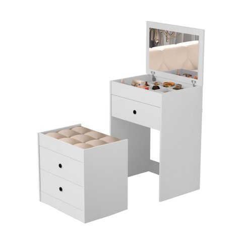 Penteadeira com Gavetas Espelho e Banqueta Branca Olivia Mdf:branco