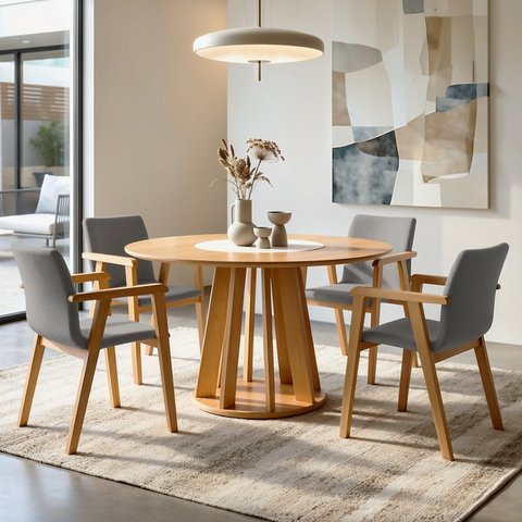 Conjunto Sala de Jantar 4 Lugares Redonda com Prata Giratório Mesa e Cadeira Flora Marrom/Cinamomo/Off White/Linho