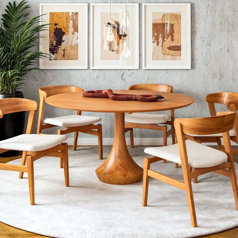 Mesa Redonda Mahal 6 Lugares Base Madeira Maciça Tampo com Lâmina Natural 140 cm Cor Castanho
