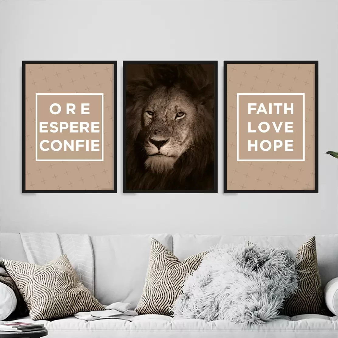 Kit 3 Quadros Leão Ore Espere Confie 33x24cm - com vidro:Madeira branca