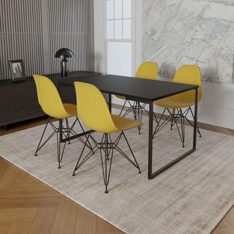 Mesa Industrial Base Ferro Preto 137x90 Tampo Preto 4 Cadeiras Eiffel Ferro Preto Assento Amarelo