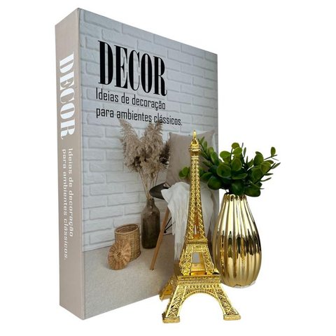 Decoração sala livro fake + vaso dourado + torre Eiffel