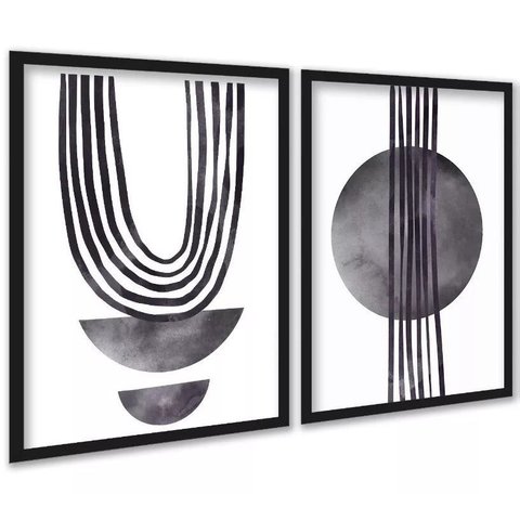 Kit 2 Quadros Modernos Cinza para Sala ou Quarto 24x18cm:moldura Preta