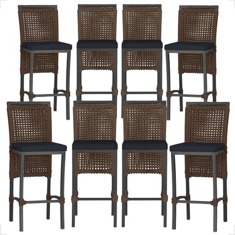 8 Banquetas em Alumínio Roma Preta Corda Náutica Tecido 12