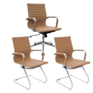 Conjunto com 1 Cadeira Diretor Giratória e 2 Cadeiras Executivas Fixas Sala de Reunião Esteirinha