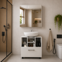 Ver imagem 4 de Kit Gabinete Banheiro Jasper Armário com Espelheira Suspensa Klein Nichos e Porta - Branco