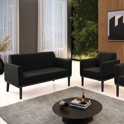 Conjunto Poltrona e Namoradeira Decorativa Isabella Pés Fixo em Madeira Preto Suede Preto G19 - Gran