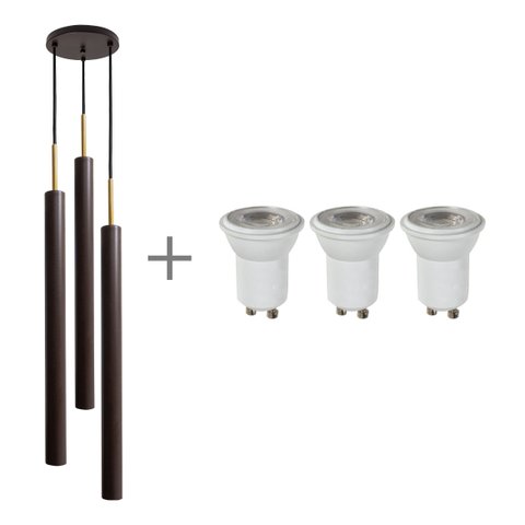 Pendente Tubo Triplo Alumínio Marrom + 3 LED Mr11 Branco Quente St1699
