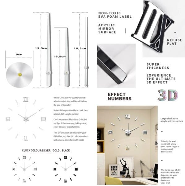 Relógio Grande De Parede 3D Luxo Adesivo Autocolante Arte De Moda De Decoração Para Casa Sala Quarto - 4