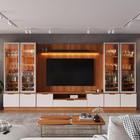 Estante Home para TV até 75” Noble 360cm com 4 Cristaleiras LED e Portas Reflecta Jequitiba/Off