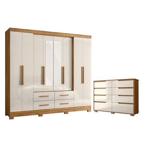 Guarda Roupa Casal San Lorenzo com Espelho e Cômoda Georgia Freijó Off White – Moval