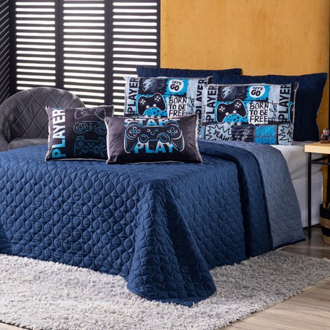 Kit Cobre Leito Colcha Solteiro Best Player Azul Marinho com Almofadas Estampadas 05 Peças - Dupla F