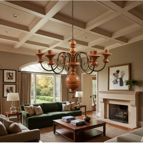 Lustre Pendente Luminária 6 Bocais Madeira Torneada Sala